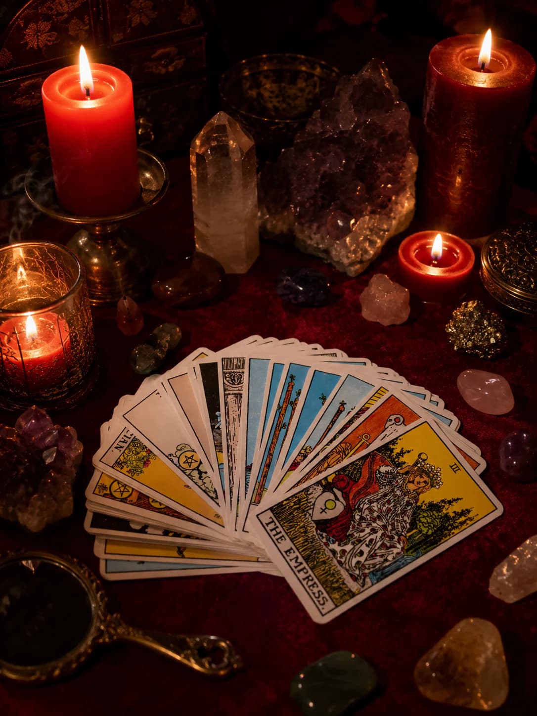 Mesa de consulta com cartas de tarô, cristais e velas acesas