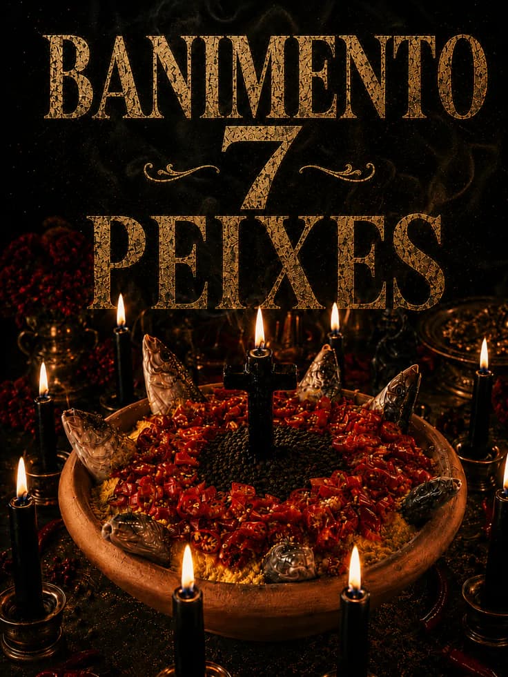 Trabalho espiritual Banimento 7 Peixes com velas pretas e elementos ritualísticos