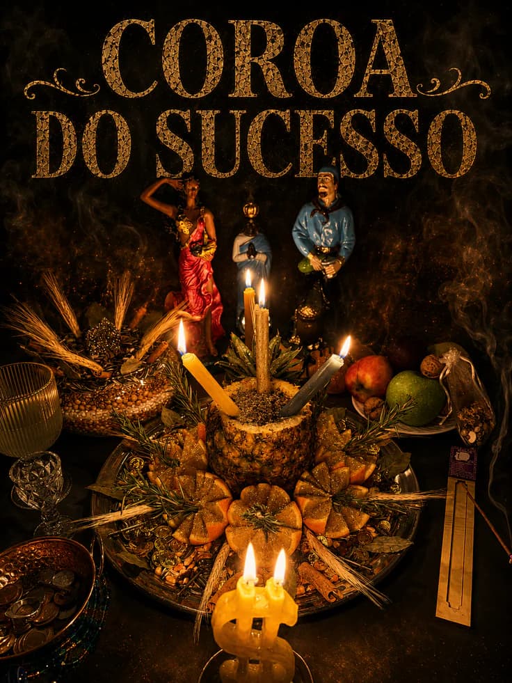 Trabalho espiritual Coroa do Sucesso com velas, frutas, ervas e figuras espirituais